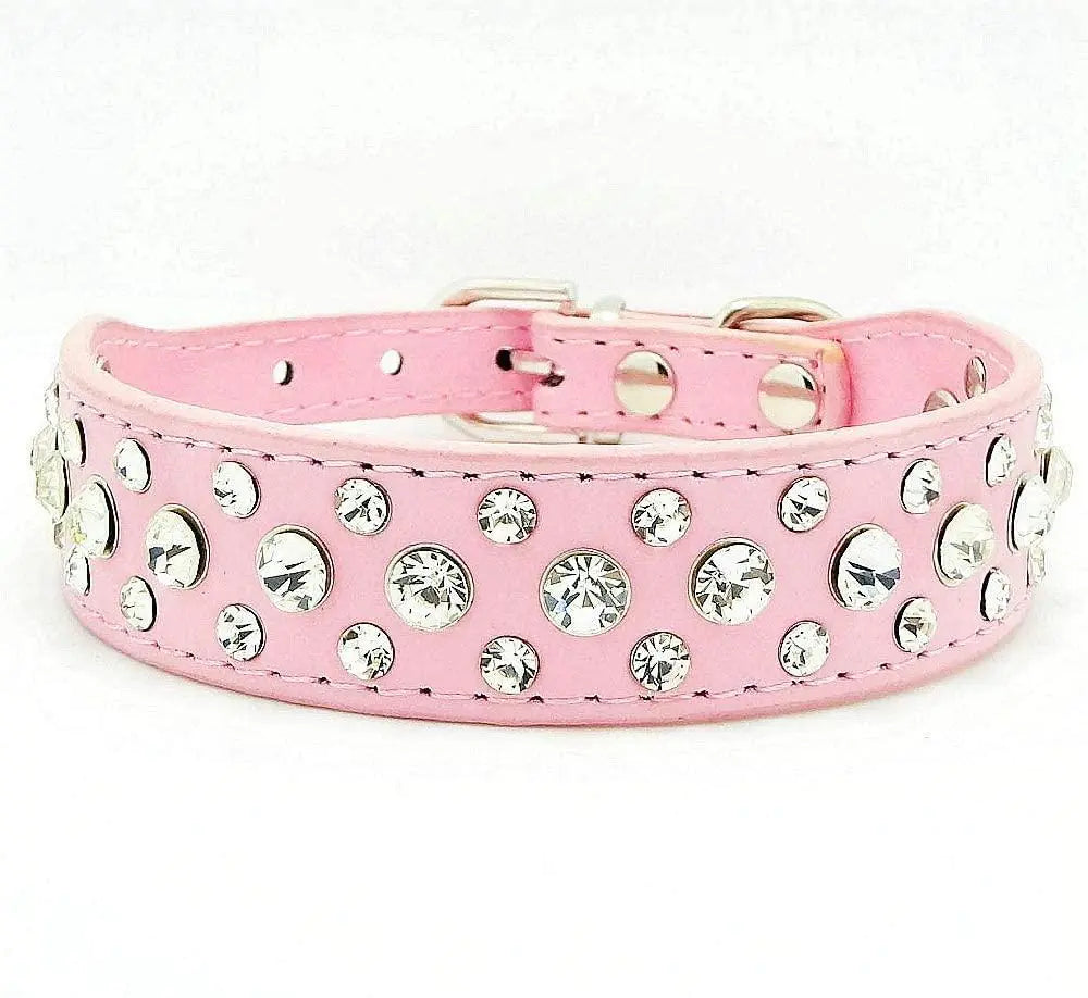 Pink XL 21-inch rhinestone dog collar with PU leather and crystal bling studs