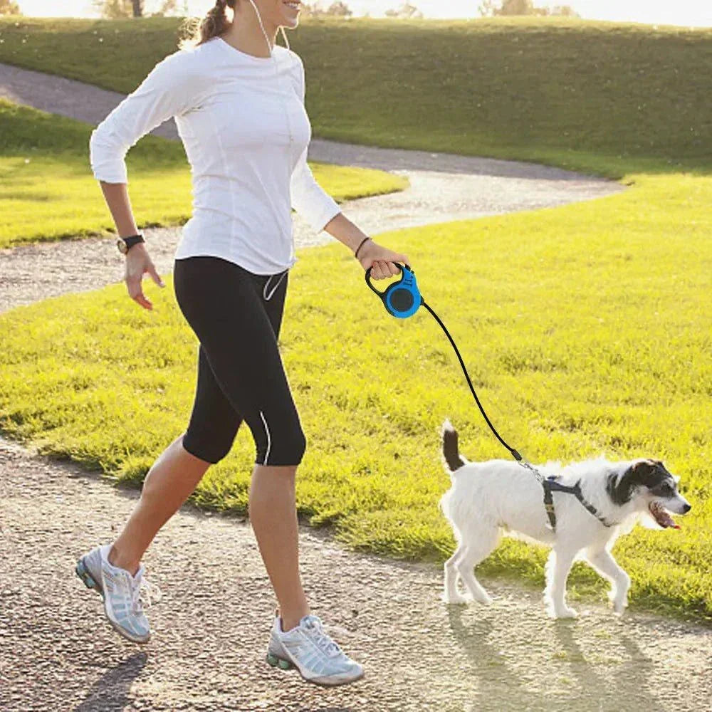 16FT automatic retractable dog leash with easy-grip handle and secure locking system for controlled walks