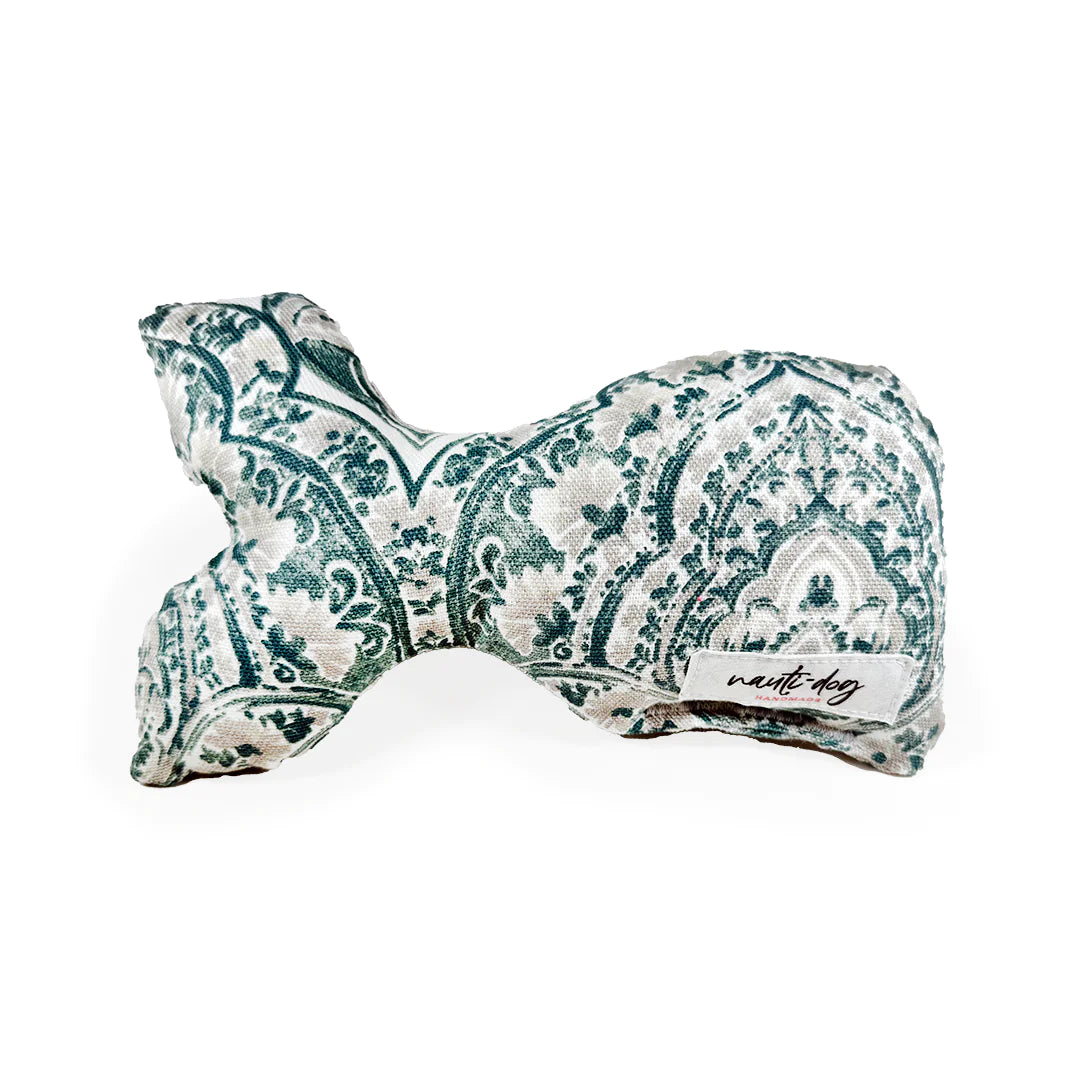 Morocco Jade Damask woven stuffed squeaker dog toy in whale shape