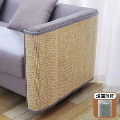 Vertical cat scratching post attached to sofa protecting furniture from cat scratches