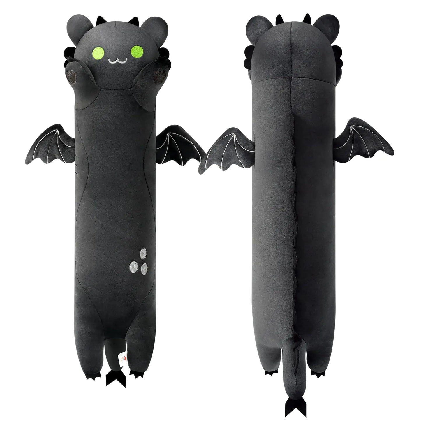 Black PEACH CAT Long Dragon Cat Plush pillow with dragon horns, claws, and wings, 19.6 inches long
