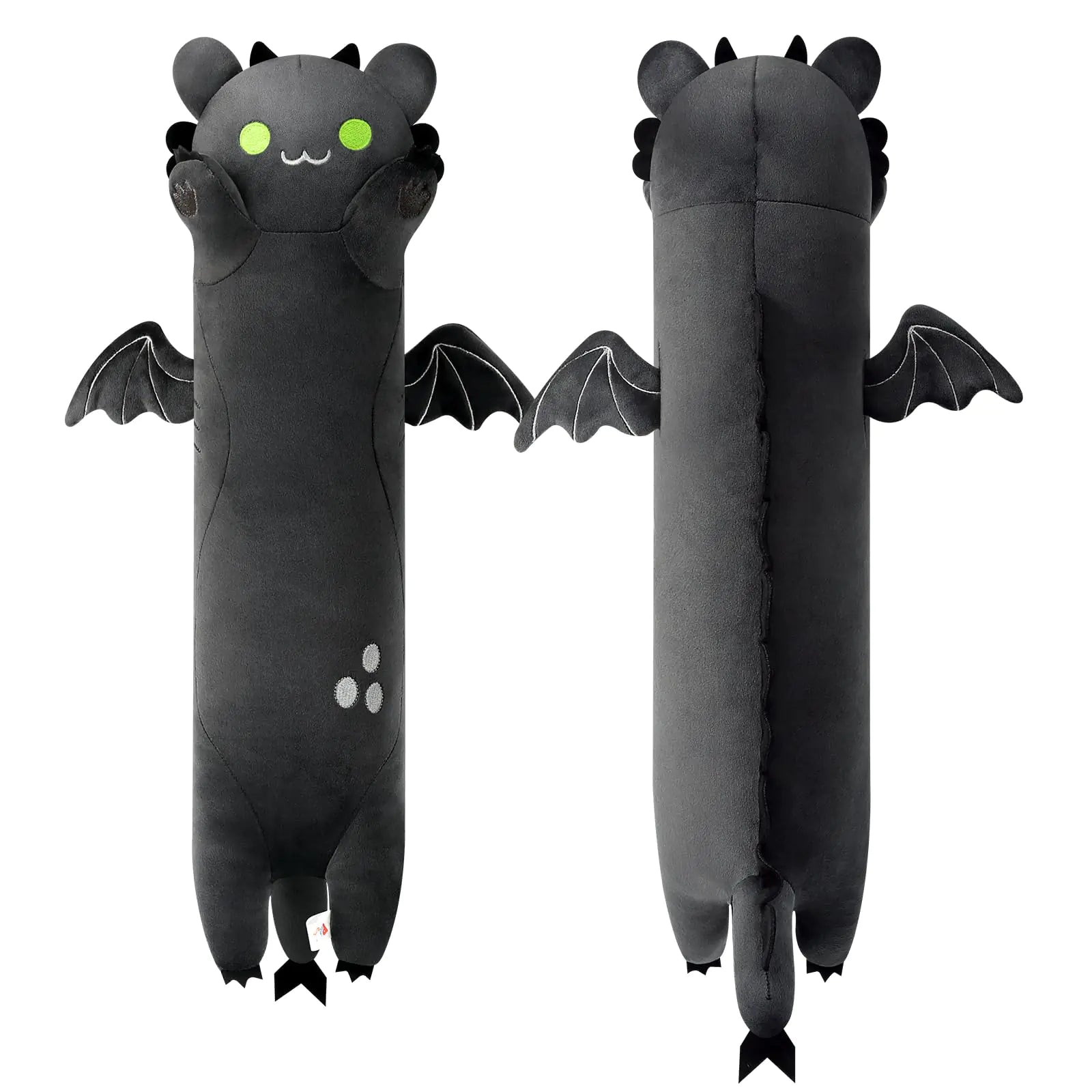 Black PEACH CAT Long Dragon Cat Plush pillow with dragon horns, claws, and wings, 19.6 inches long