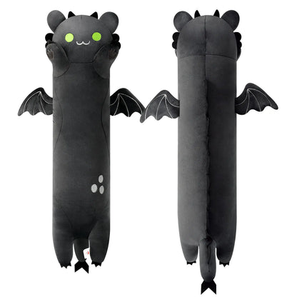 Black PEACH CAT Long Dragon Cat Plush pillow with dragon horns, claws, and wings, 19.6 inches long