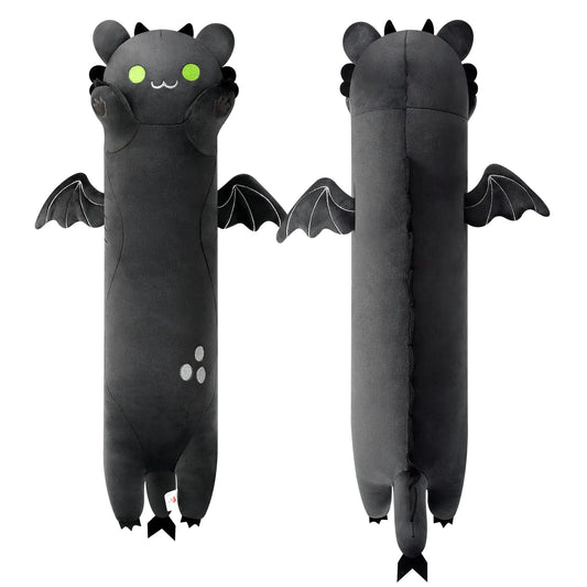 Black PEACH CAT Long Dragon Cat Plush pillow with dragon horns, claws, and wings, 19.6 inches long